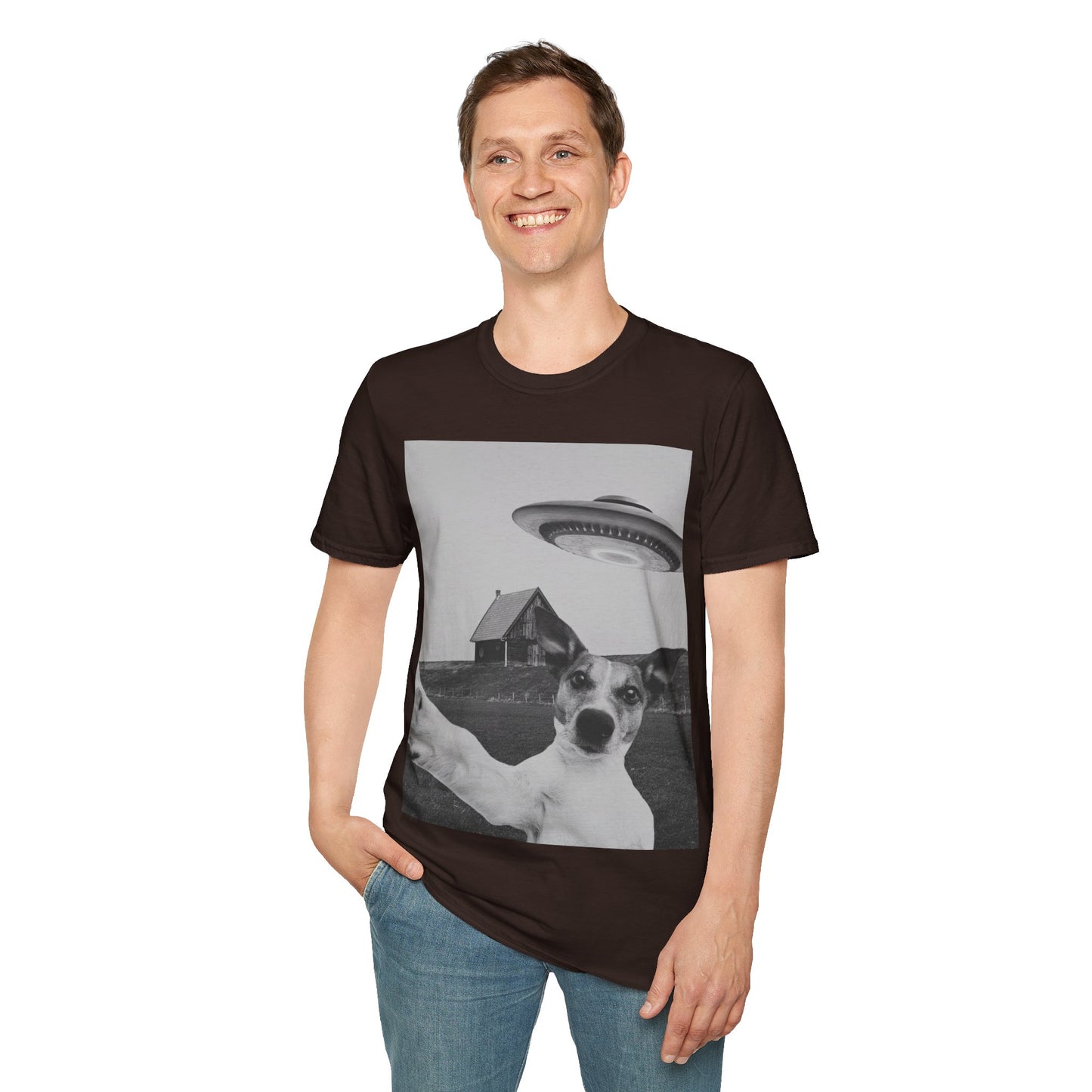 Alien Dog Graphic Tee, Fun Unisex Softstyle T-Shirt, Perfect for Pet Lovers, Quirky Gift, Comfy Casual Wear, Unique Dog Apparel