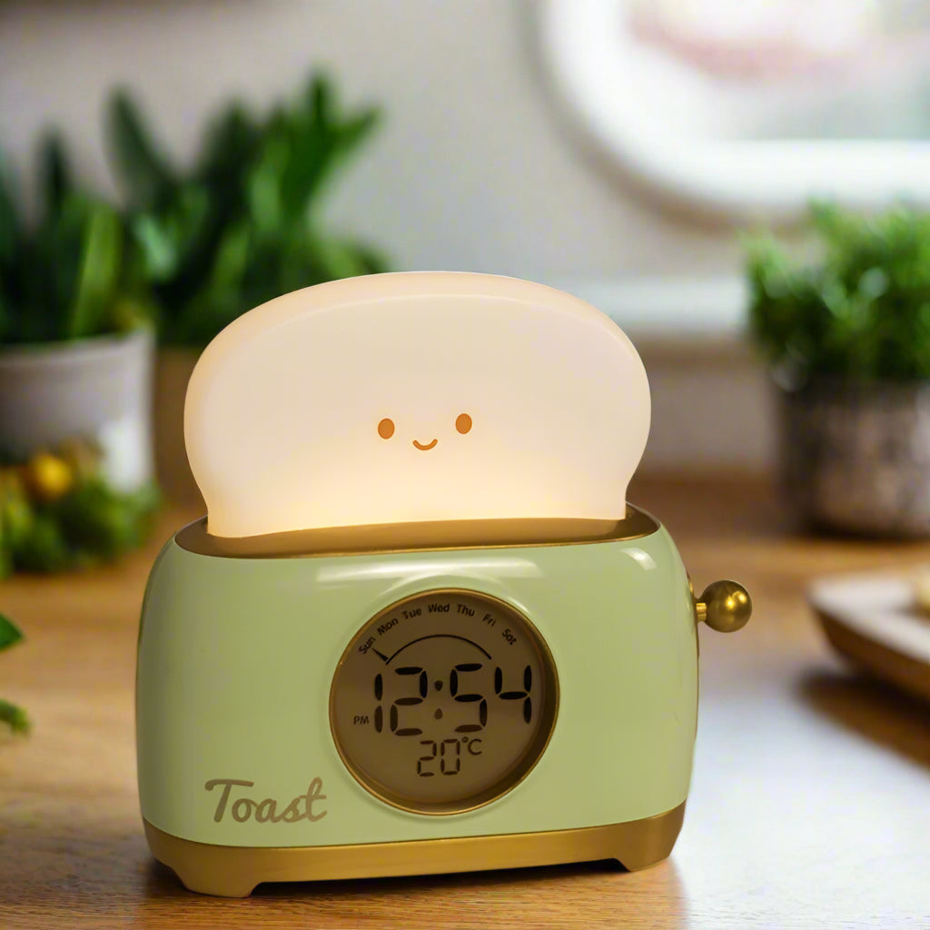 Alarm Clock for Kids, Cute Toast Night Light Alarm Clocks for Bedrooms, Dimming Rechargeable Small Led Desk Clock with Snooze & Countdown for Room Decor, Bedside Clock for Teen Girls Boys